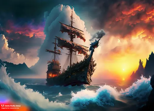 Firefly_colorful+splashes and explosions as An wild ocean of clouds beneath the mountains in the sunrise with an old ship and dragon_photo,dramatic_light,digital_74005